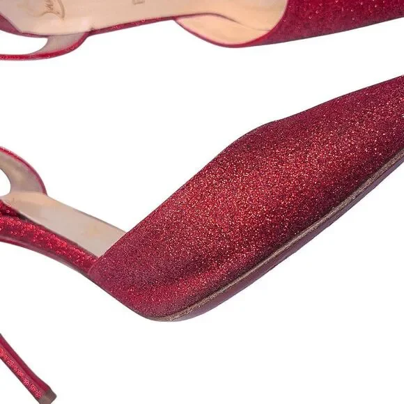 Christian Louboutin Ever 100 Red Glitter Slingback Heels EU 37.5 Sparkly Pumps - Picture 7 of 13